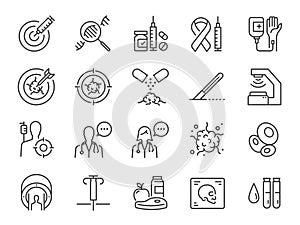 Oncology icon set. Included the icons as cancer, treatment, radiation therapy, targeted therapy, medical, and more.